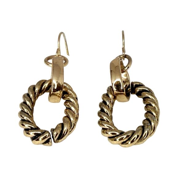 Gold Tone Twisted Hoop Dangle Earrings 1.5" Door Knocker Twisted Braid - Picture 6 of 8